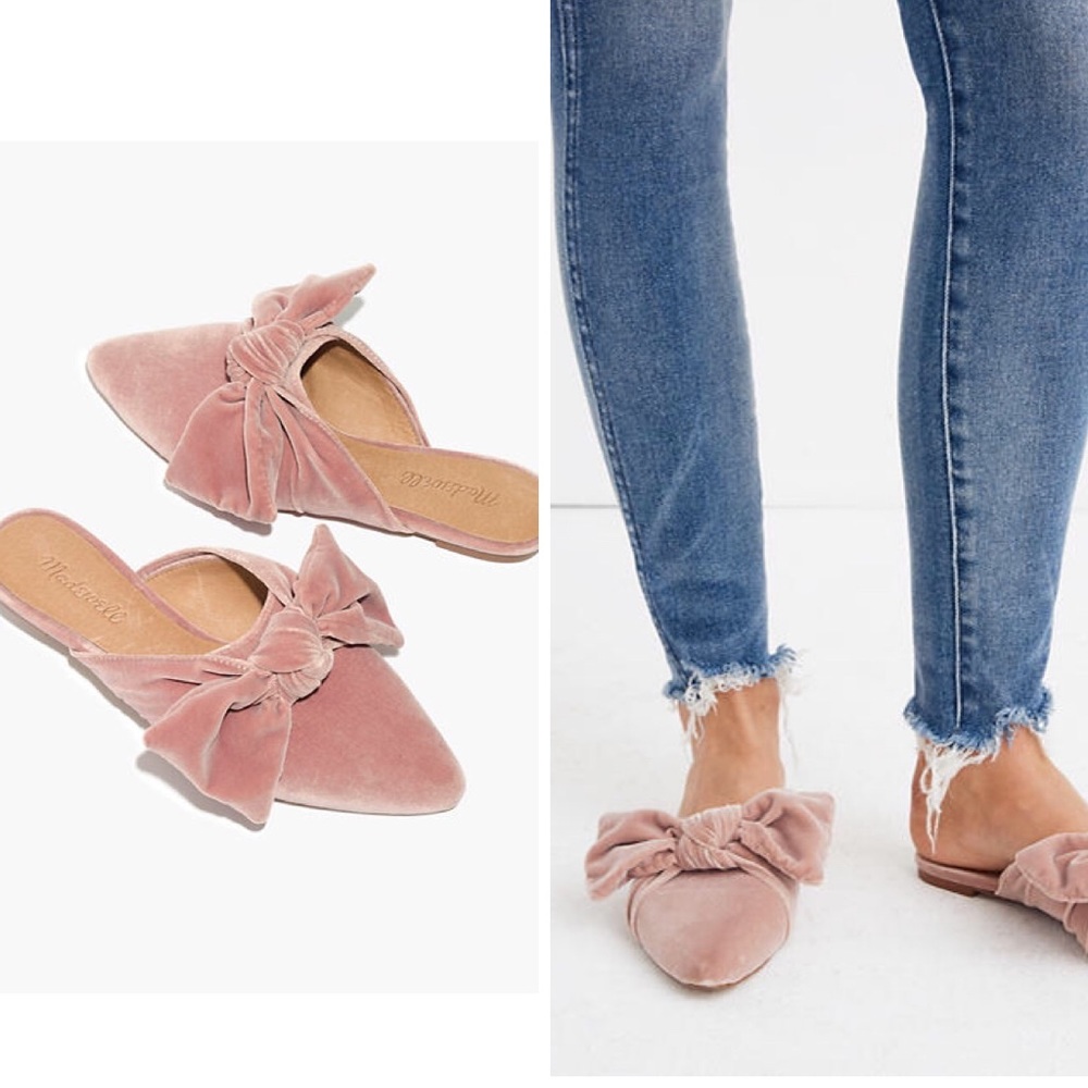 Madewell Remi Pink Velvet Bow Mules Shoes 6.5